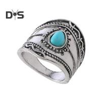 Unisex Ring Faux Turquoise Wide Retro Ethnic Style Curved Handmade Polished Alloy Party Daily Wear Adult Finger Jewelry antikinės sidabrinės spalvos