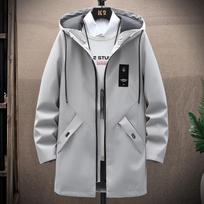 Windbreaker men's spring new mid-length jacket men's hooded jacket men's casual versatile men's tops 4XL gray