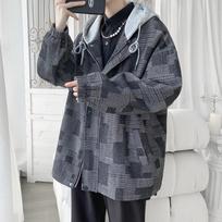 Men's Casual Jacket Hong Kong Style Men's Spring New Style Loose Plaid Jacket Hooded Top Trendy M