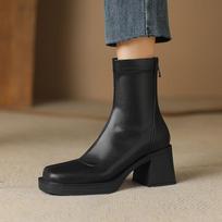Krazing Pot Microfiber Autumn Winter Shoes Thick High Heels Motorcycle Boots SquareToe European Style Keep Warm Ankle Boots 34 juoda