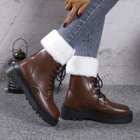 Winter Mid-calf Boots Fur Thick Sole Non-slip Fashion Solid Color Lace-up New Women Boots Classic Retro Martin Boots D201 35