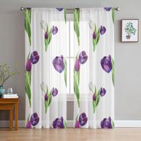 Juodos ir baltos tulpės Šifono permatomos užuolaidos, skirtos svetainei, miegamojo apdailai, langams, tiulinei užuolaidoms, užuolaidoms 135W x 114H(cm) white