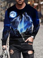 Autumn Daily Casual Men's Crewneck T-shirt Wolf Print Men's Long Sleeve T-shirt Outdoor Street Men's Fashion Long Sleeve T-shirt S blue