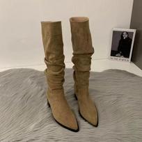 Moteriški ilgaauliai batai Rudens Žiemos Moteriški Batai Mada Moteriški Užtraukiami Klostuoti Žemu Kulnu Apvaliu Priekiu Plokšti Ilgi Batai Botas De Mujer 37 gray