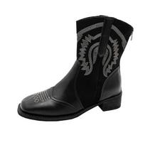 Ankle Cowboy Boots For Women Suede Real Leather Embroidery Cowgirl Chunky Heels Shoes Winter Short Booties 35 black