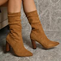 Retro Women Western Cowboy Boots Pointed Toe Flock Pleated Sli-On Mid-Calf Chunky High Heel Comfy Walking Shoe Zapatos De Mujer 35 brown