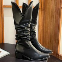 Cowboy Boots for Women Embroidered Pointy Toe Chunky Heeled Mid-calf Boots Cowgirl Western Boots For Women Shoes Wholesale 35 black