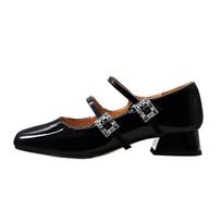 2024 2024 Mary Jane Chunky Heels Women's Square Head High  Temperament Line with Rhindiamonds Patent Leather Professional Shoes 35