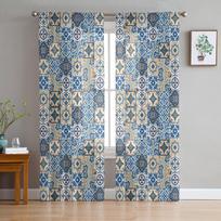 Ethnic Flower Tile Pattern Window Treatment Tulle Modern Sheer Curtains for Kitchen Living Room the Bedroom Curtains Decoration W135 x H114cm