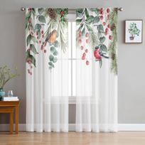 Christmas Eucalyptus Berries Robin Yarn Curtain Window Tulle Curtains For Living Room Kitchen Window Sheer Voile Curtains W135 x H115cm x1&Grommet Top