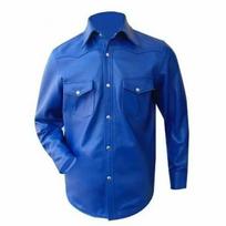BLUE Men's Shirt Handmade Genuine Lambskin Leather Stylish Biker Formal Casual XS mėlyna