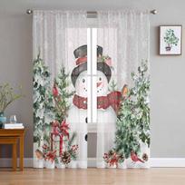 Christmas Tree Snowflakes Robin Snowman Gray Sheer Curtains Living Room Decoration Window Curtains Kitchen Tulle Voile Curtains W135 x H115cm x1 white
