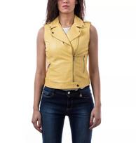 Yellow Women Leather Western Button Vest Coat Lambskin Classic Waistcoat Jacket S geltona