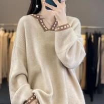Hundreds of large size new lazy color collision loose collar colorblocking sweater, long-sleeved knitting thickening bottoming tops S recommends 70-45kg