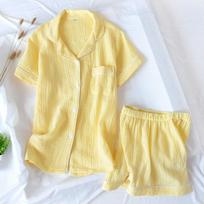 New Summer Ladies Cotton Double-layer Crepe Gauze Short-sleeved Shorts Pajamas Suit Large Size Home Service Women M geltona