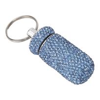 Light Blue Rhinestone Medicine Bottle Container Aluminum Alloy Portable Capsules Storage Case Box