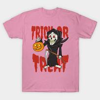 T Shirt Women Funny Grim Reaper Trick Or Treat Halloween Harajuku Print Kawaii Tshirt Summer Short Sleeve Female T-Shirt Top Tee S rožinė