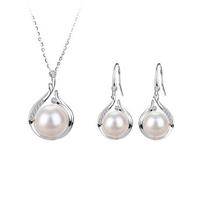 2Pcs/Set Women Jewelry Set Faux Pearl Hook Earrings Adjustable Necklace Set Shiny Rhinestones white