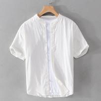 Summer Men Tops Solid Color 100 Cotton Oxfords Button Short Sleeve Shirt Daily Stand-Collar Casual Shirt Simple Style Man Shirts Slim Fit M balta