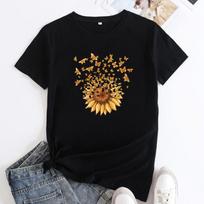 Summer Round Neck Sunflower Butterfly Pattern Printed Top Fashionable Casual Short Sleeved Women's Pure Cotton T-shirts S juoda