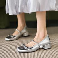 Krazing Pot Sheep Skin Spring Summer Size 41 Thick Med Heels Women Square Toe Pearl-studded Butterfly-knot Pumps 35 sidabras