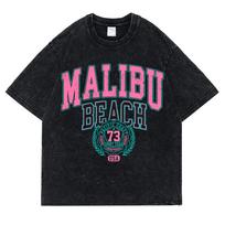 Street Men Women Cotton Washed T-Shirt Malibu Beach Simple Letter Printing Tee Shirt Loose Tops Casual Couple Clothes S black