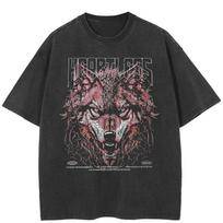 Streetwear Wolf Graphic T-Shirt Cotton Washed Black Tshirt Unisex Tops Tees Summer Short Sleeves T Shirt S juoda