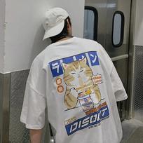 Harajuku Cat Cartoon Eating Noodles Graphic Men Women Tshirts Casual Short Sleeve Tees Japan Style Oversized T Shirt Clothing S smėlis