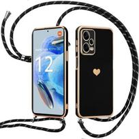 Necklace Cord Case for Xiaomi Redmi Note 12 Pro 5G Soft TPU Shockproof Heart Pattern - Black