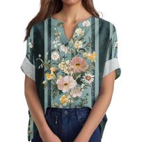 Women's Cotton Linen Round Neck Short Sleeve With Button Tops Printed T-shirt L armijos žalia spalva