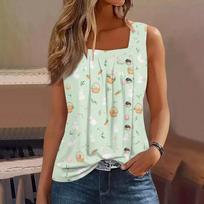Women's Fashion Casual Basic Pleated Plain Button Square Collar Sleeveless Vest Print Summer Tank Tops L šviesiai žalios spalvos