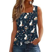 Women's Fashion Casual Pleated Square Collar Sleeveless Vest Print Summer T-shirt L juoda