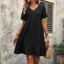 Women's Solid Color Summer Skirt Loose Casual Short Sleeve High Waist Dress L juoda
