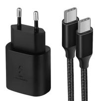 25W greitas tinklo įkroviklis - E.F.CONNECTION - USB-C - 1M nailoninis laidas - Suderinamas su Samsung Galaxy A05s S24 Ultra S25 juoda