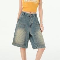 Vintage Washed Y2k Jorts Women Streetwear Baggy Blue Denim Shorts Oversized Harajuku Aesthetic Knee Length Jeans XS mėlyna