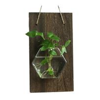Glass Wall Planter Hanging Vase with Wooden Board Oblate Flower Vase for Hydroponics Plants Flowers Home Office Decor