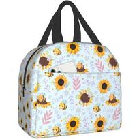 Kawaii Bees Sunflowers Insulated Lunch Box Reusable Waterproof Lunch Bag with Front Pocket Bento for Office Picnic Hiking Beach 22x20x13CM juoda