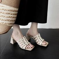 Krazing Pot Straw Weaving Handmade Summer Size 40 High Quality Slip on French Chic Chunky Heels Women Peep Toe Sandals 35 dramblio kaulas