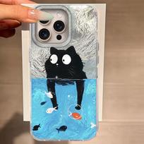 Case For For IPhone 16 15 13 Plus Pro Max 7 14 Pro 5GPhone Cover Cat Black Cartoon For IPhone 16e Protective Silicone Back Bags iPhone 16 Pro Max balta