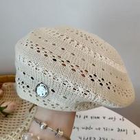 New Summer Beret Hat For Women Korean Style Hollow Breathable Logo Best Matched Solid Fashion Outdoor Sunshade Bonnets Cap Gift smėlis