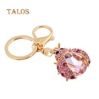 Women Cute Ladybug Shape Crystal Stone Keychain Keys Ring Chain Holder Bag Decor Suspension Trinket rožinė