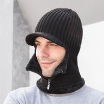 Men Winter Knitted Hat With Zipper Add Fur Lined Warm Brim Winter Hats For Men Keep Face Ear Warm Cap juoda