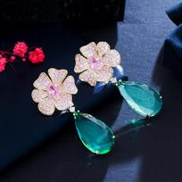 CMM Luxury Light Green Cubic Zirconia Big Waterdrop Long Flower Drop Earrings šviesiai žalios spalvos