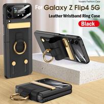 Funda Samsung Galaxy Z Flip 4 5g dėklas, odinis apyrankės žiedo laikiklio dangtelis, skirtas Samsung Z Flip 4 dirželio dėklui su fotoaparato plėvele For Galaxy Z Flip 4 juoda
