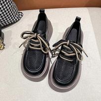 Women's New Mesh Lefu Shoes Women's Shallow Mouth Round Head Lace Up Thick Sole Fashion Single Shoes Women 35 juoda