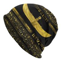 Auksinis Egipto dievo ornamentas ant juodų odinių kaukolių Beanies Žiemos Šilta Beanie Skrybėlė Senovės Egipte Megzta Kapoto kepurė slidinėjimui One Size
