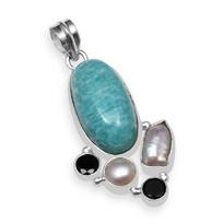 Natural Amazonite With Small Tiny Black Onyx, Pearl Gemstone 925 Sterling Silver Handmade Oval Shape Pendant for Women & Girls blue