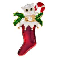 New Enamel Cat Hiding In Christmas Sock Brooch Animal Pin Fashion Pearl Jewelry Festival Accessories