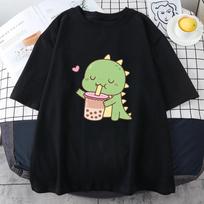 Green Little Dinosaurs Favorite Bubble Tea Unisex Cotton T Shirts Creative Cartoons Short Sleeve Casual All-math Unisex Short Sleeve L beige