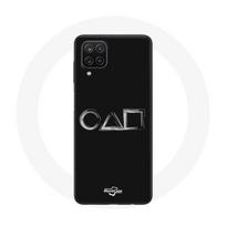 Coque Samsung Galaxy A12 Squid Game logo symboles carre cercle triangle Fond Noir juoda